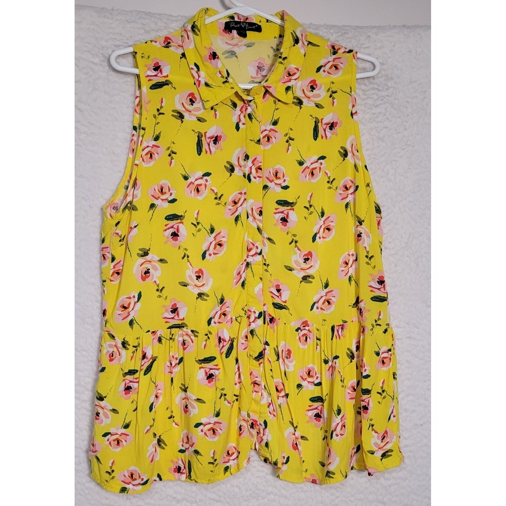Velvet Heart Womens Blouse Size XL Sleeveless Yellow Floral 100% Rayon 1481